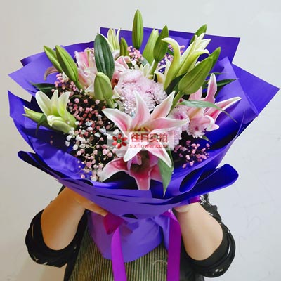信阳6支粉色多头百合，真诚的问候